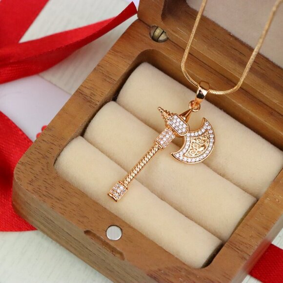 "Rose Gold Axe Pendant with Sparkling Stones – Elegant Design XPPT1381 - Picture 2 of 13